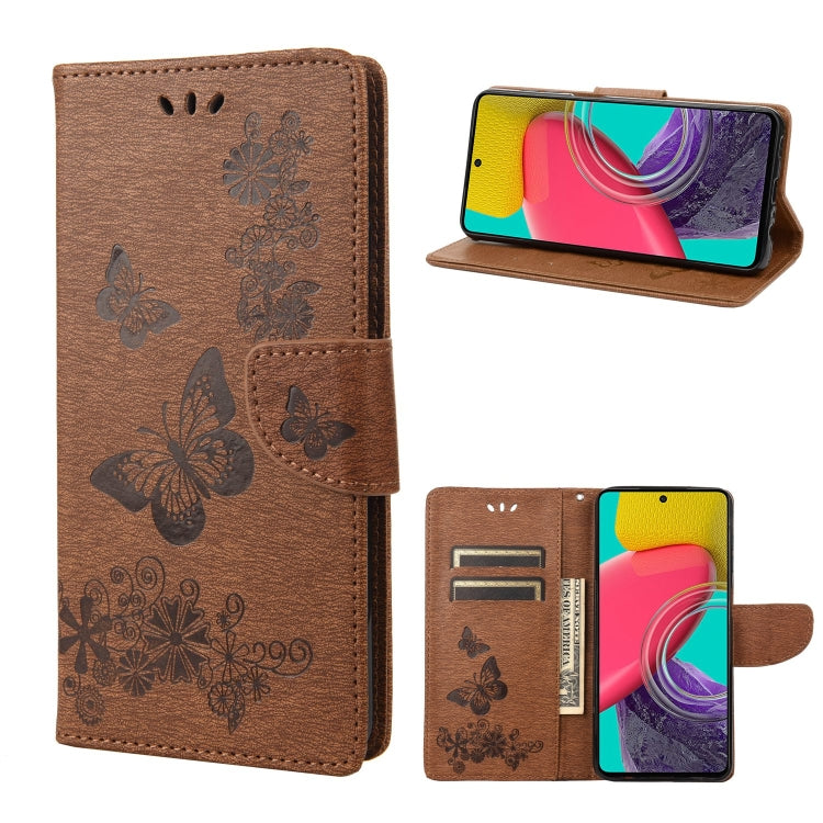 Brown butterfly-embossed leather phone wallet case with card slots and folio stand