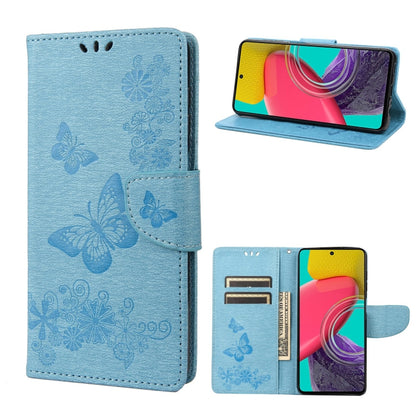 Blue butterfly-embossed leather phone wallet case with card slots and folio stand