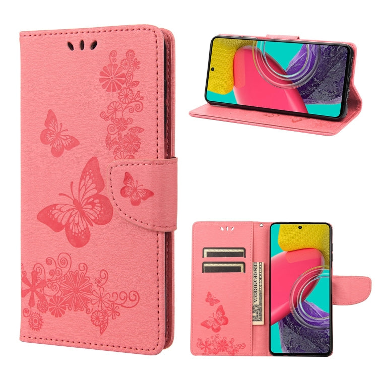 Pink butterfly-embossed leather phone wallet case with card slots and folio stand