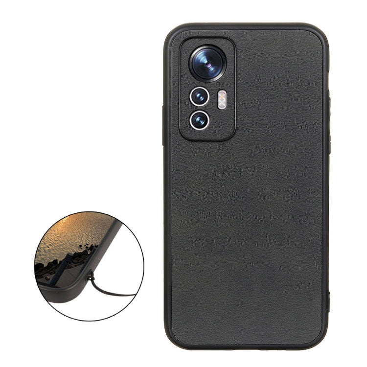 Black calf-texture PU phone case with camera cutout and side cutout detail