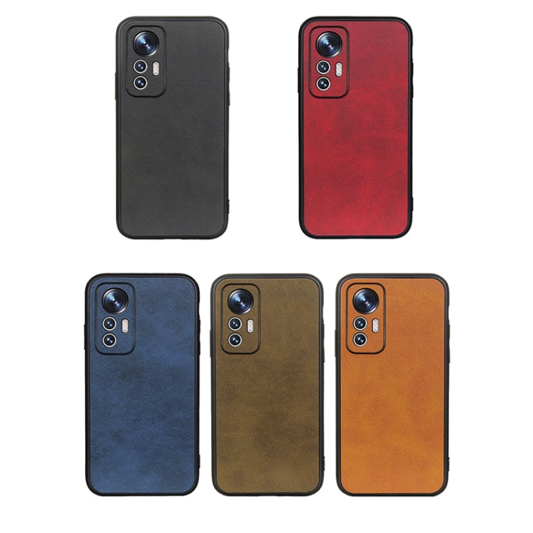 Calf-texture PU phone case in black, red, blue, brown, and orange with camera cutouts