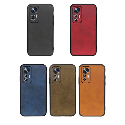 Calf-texture PU phone case in black, red, blue, brown, and orange with camera cutouts
