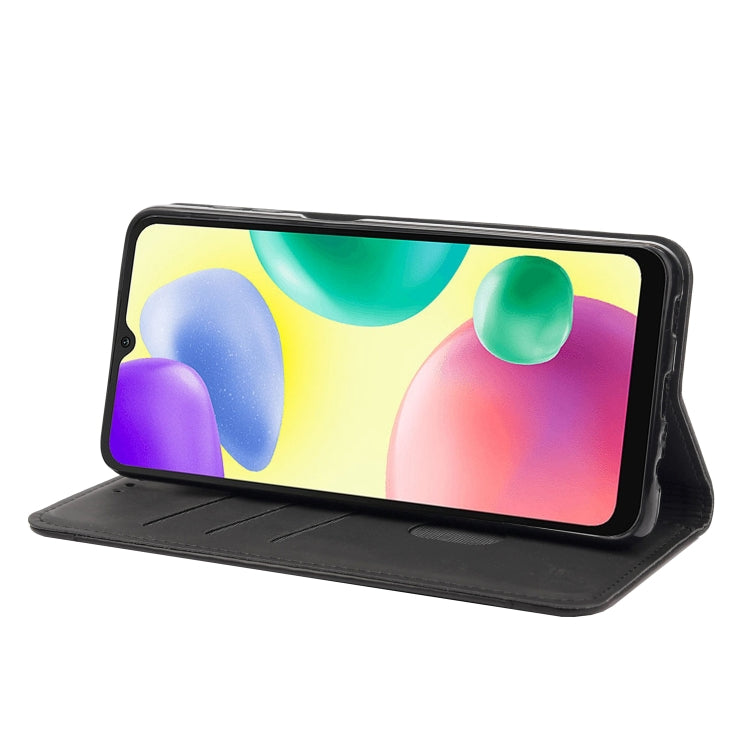 Black leather folio phone case in stand mode with front cover folded back