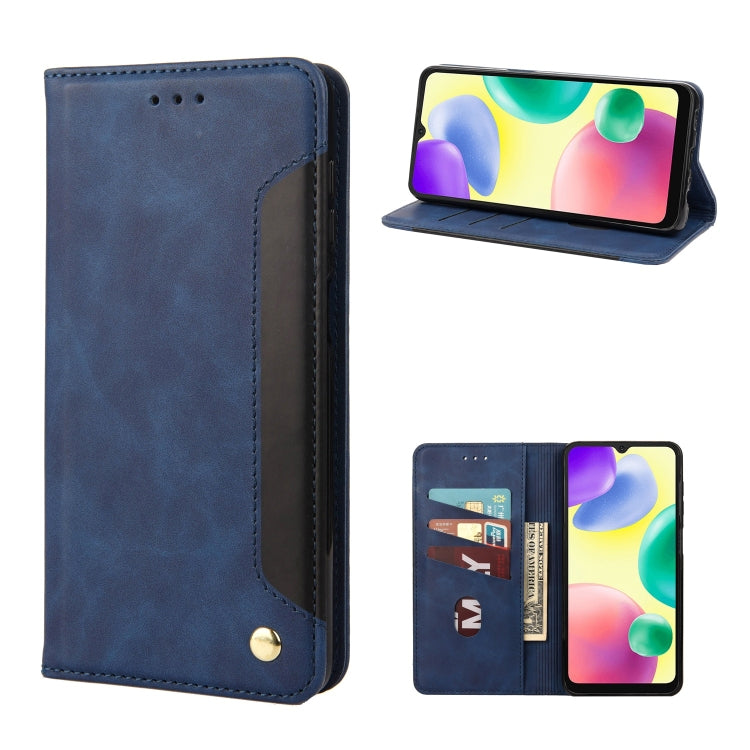 Blue leather wallet phone case with flip cover and stand, card slot detail