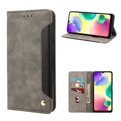 Grey leather folio phone case with card slots and flip stand, side button cover