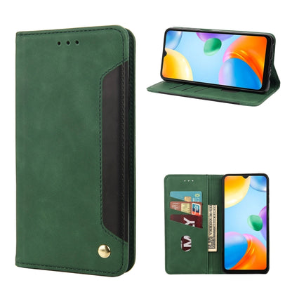 Green leather folio phone case with card slots and flip stand, phone shown with kickstand