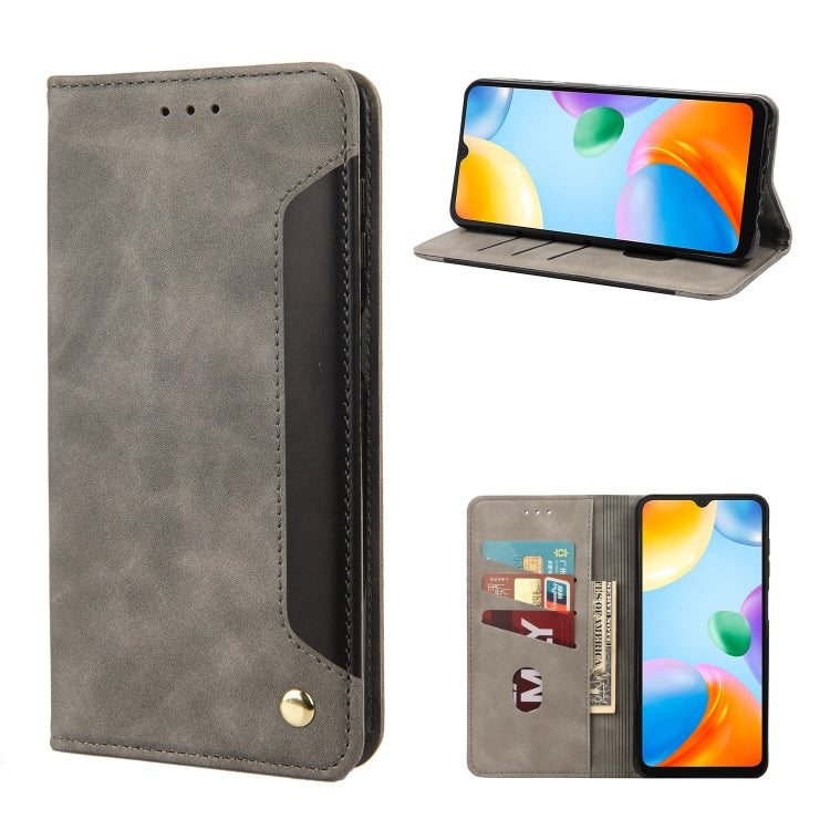 Grey leather folio phone case with card slots and flip stand, phone shown in portrait