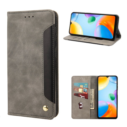 Grey leather folio phone case with card slots and flip stand, phone shown in portrait