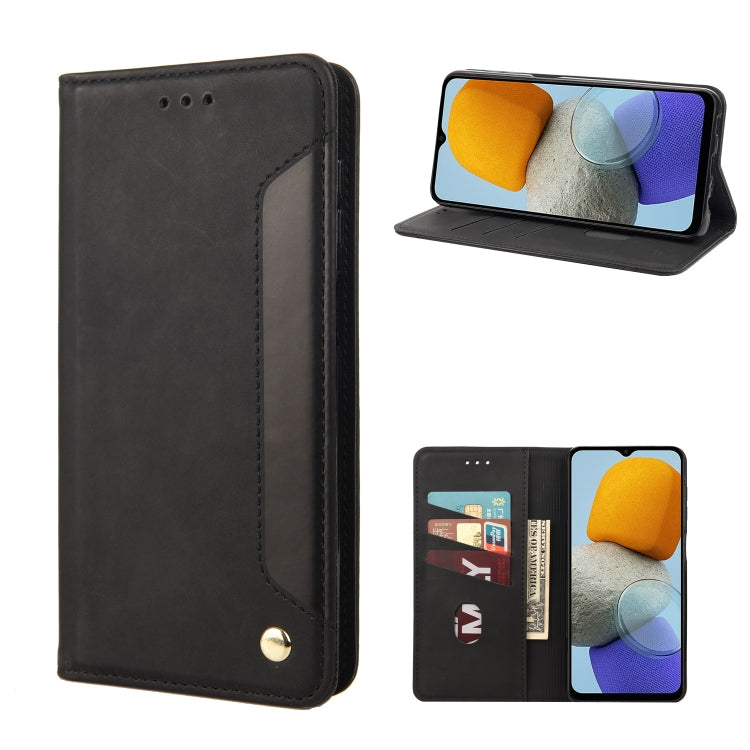 Black leather folio phone case with cutouts and card pocket, plus stand view