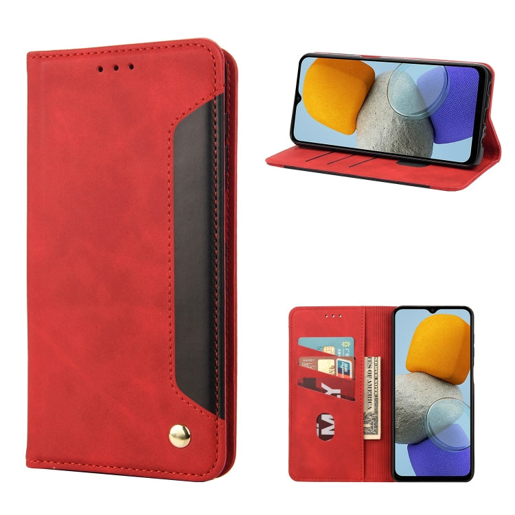 Red leather wallet-style phone case with flip cover, card slot, stand view
