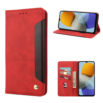 Red leather wallet-style phone case with flip cover, card slot, stand view