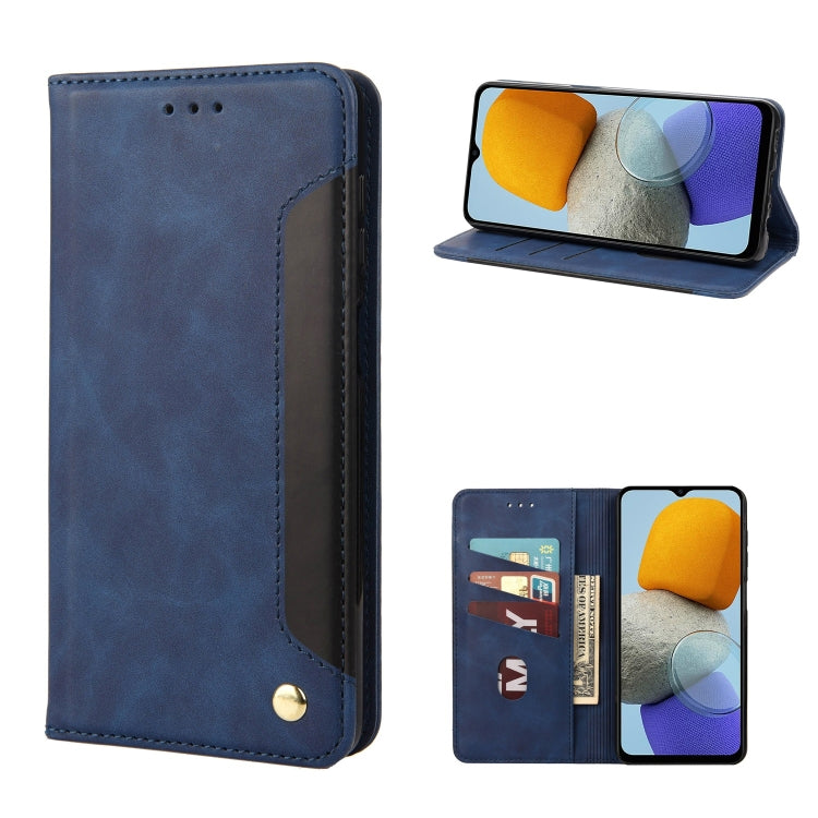 Blue leather folio phone case with card slots and flip stand, visible camera cutout
