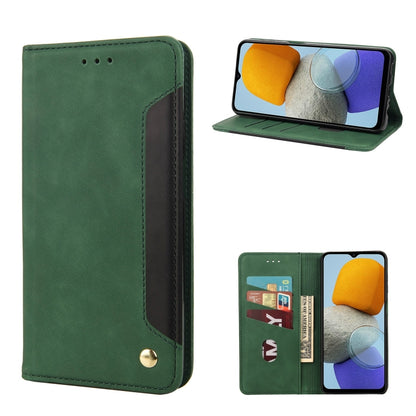 Green leather folio phone case with card slots and flip stand, side view with stitching