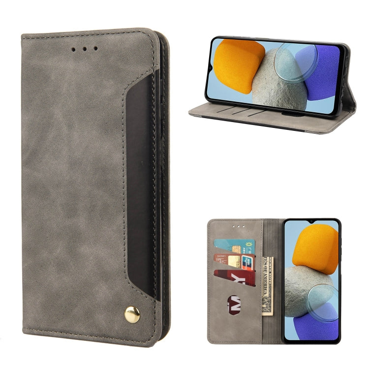 Grey leather folio phone case with card slots and flip stand, phone shown with open view
