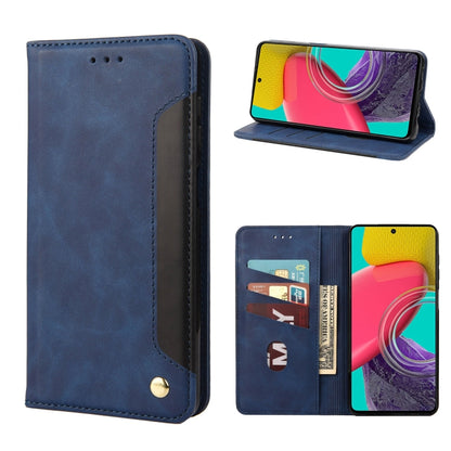Blue leather folio phone case with card slots and flip stand, phone shown in portrait