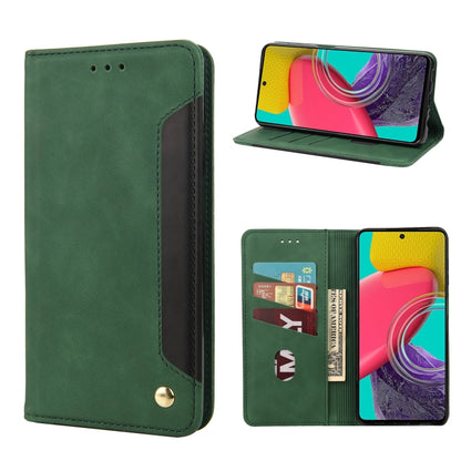 Green leather folio phone case with card slots and flip stand, phone shown in landscape