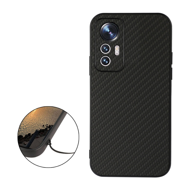 Shockproof phone case with carbon fiber texture, black finish, camera cutouts and side detail.