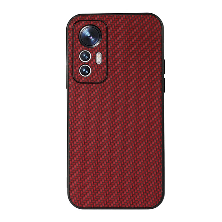 Shockproof phone case with carbon fiber texture, red finish, camera cutouts.