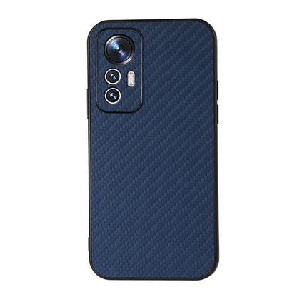 Shockproof phone case with carbon fiber texture, blue finish, camera cutouts.