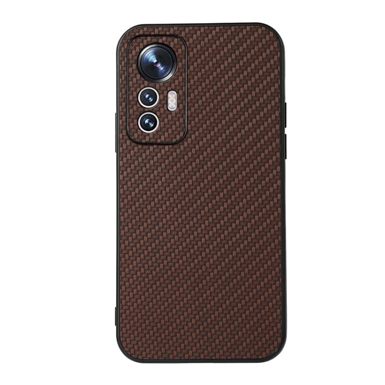 Shockproof phone case with carbon fiber texture, brown finish, camera cutouts.