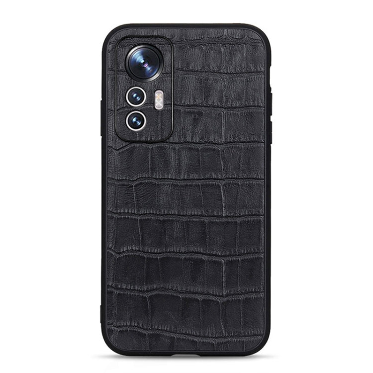 Black croc-textured genuine leather phone case with camera cutout and card slot detail