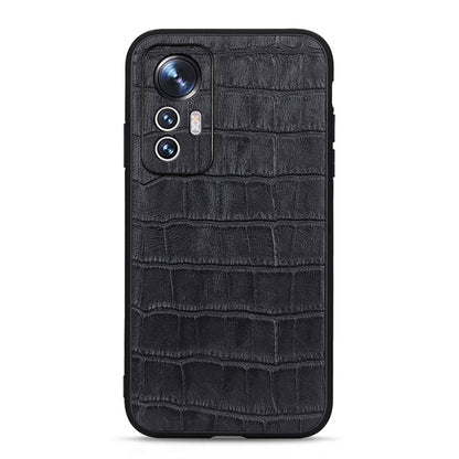 Black croc-textured genuine leather phone case with camera cutout and card slot detail