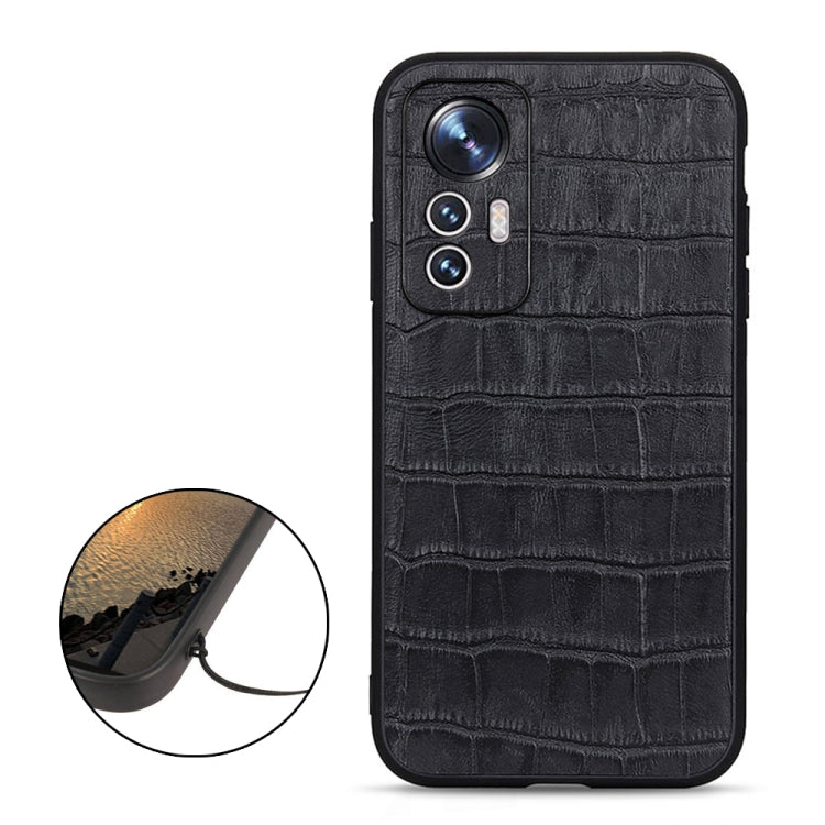 Black croc-textured genuine leather phone case with camera cutout, side view inset