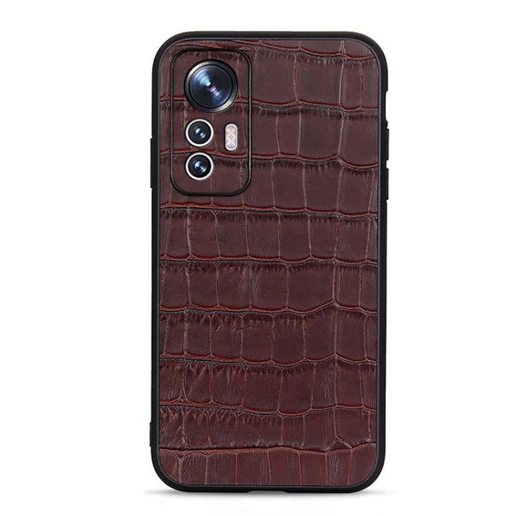 Brown croc-textured genuine leather phone case with camera cutout and slim lining