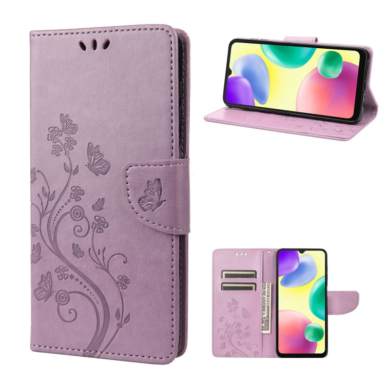 Light purple flip phone case with butterfly flower pattern, card slots, and stand view