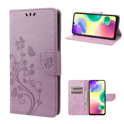 Light purple flip phone case with butterfly flower pattern, card slots, and stand view