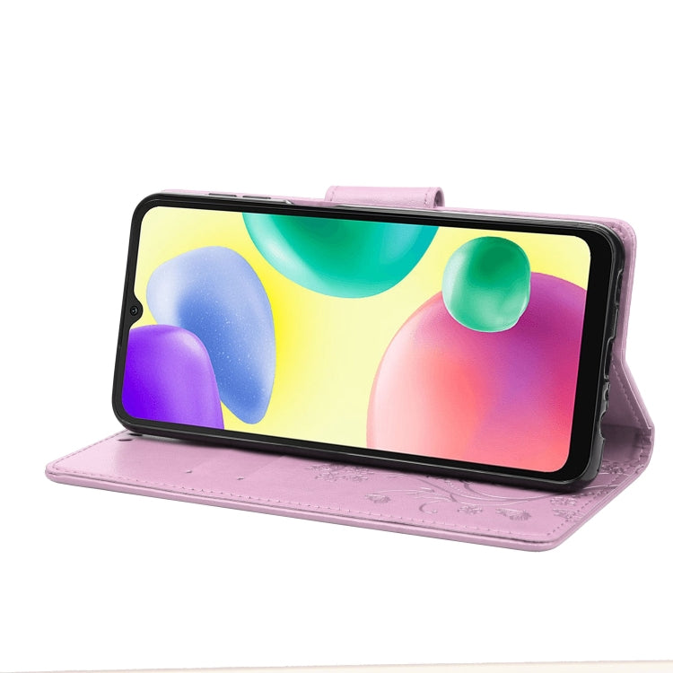 Light purple flip phone case folded as a horizontal stand for phone display