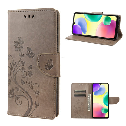 Light purple flip phone case with butterfly flower pattern, card slots, and stand view