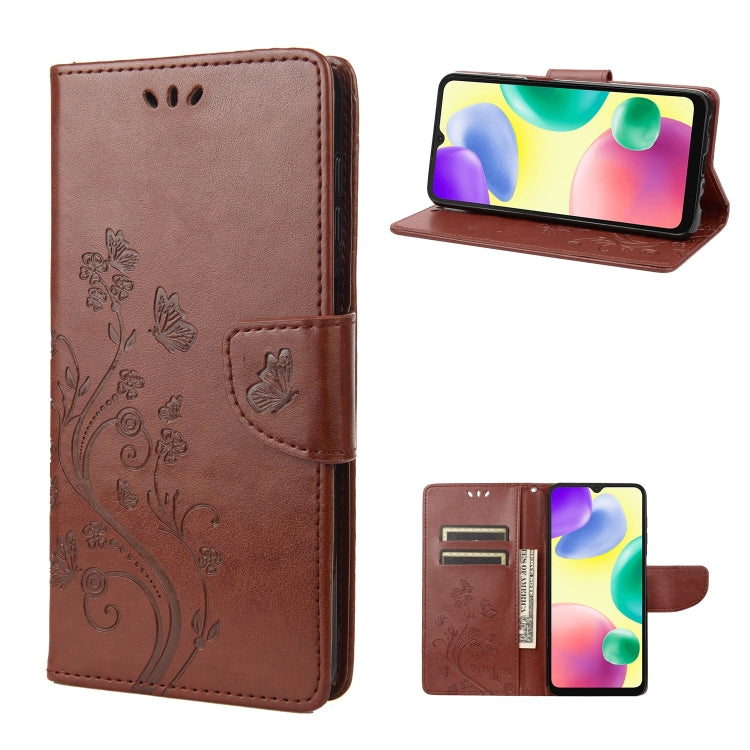 Flip leather phone case with butterfly-and-flower embossed pattern, brown, card slots
