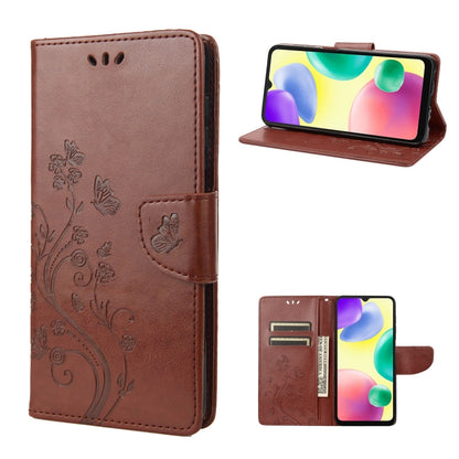 Flip leather phone case with butterfly-and-flower embossed pattern, brown, card slots