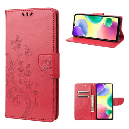 Flip leather phone case with butterfly-and-flower embossed pattern, red, card slots