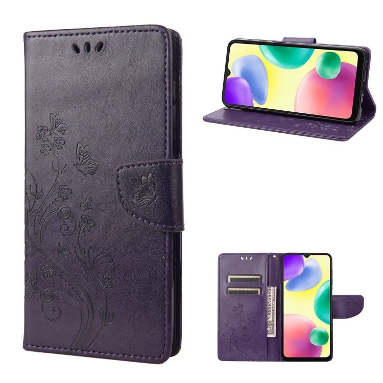 Purple butterfly-flower flip leather phone case with side kickstand and card slots