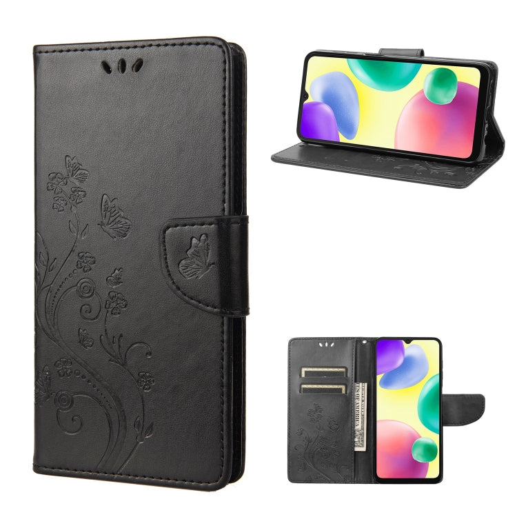 Black butterfly-flower flip leather phone case with side kickstand and card slots