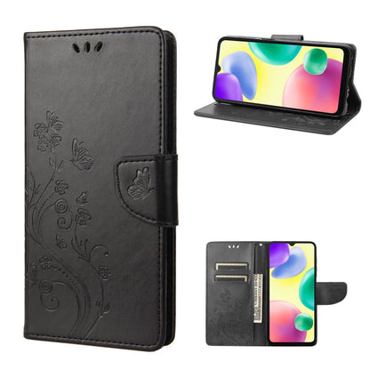 Black butterfly-flower flip leather phone case with side kickstand and card slots