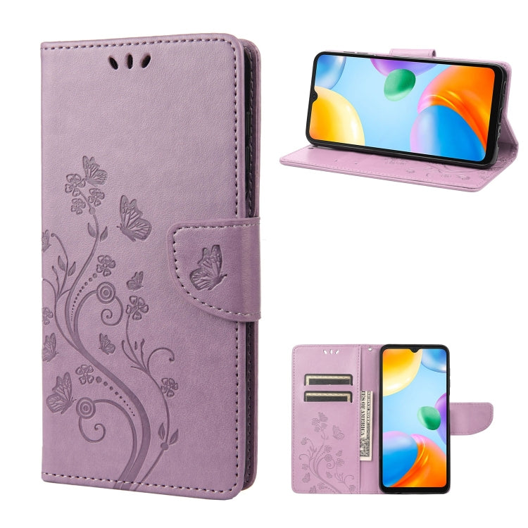 Light purple flip phone case with butterfly flower pattern, card slots, and stand view