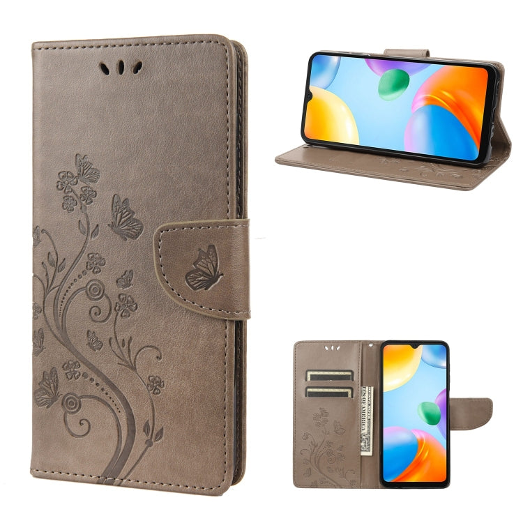 Flip leather phone case with butterfly-and-flower embossed pattern, gray, card slots
