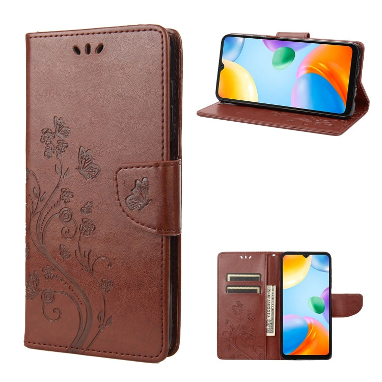 Flip leather phone case with butterfly-and-flower embossed pattern, brown, front flip cover