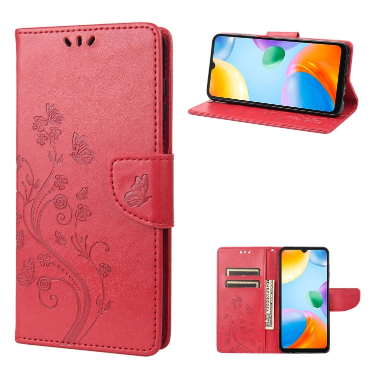 Flip leather phone case with butterfly-and-flower embossed pattern, red, flip cover