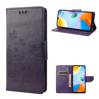 Purple butterfly-flower flip leather phone case with side kickstand and card slots