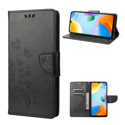 Dark gray butterfly-flower flip leather phone case with side kickstand and card slots