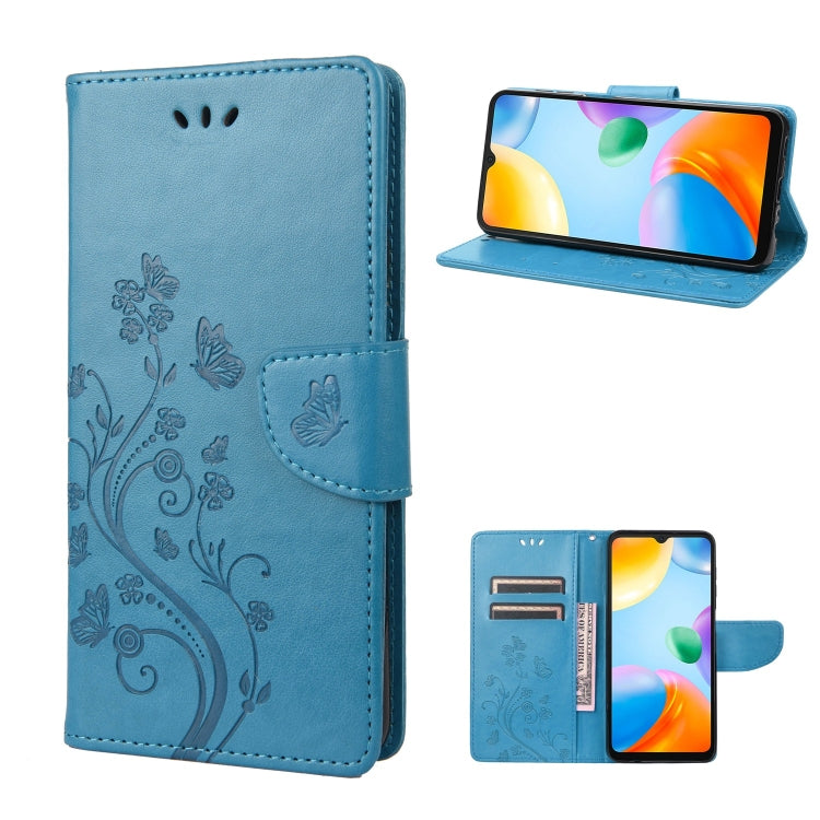 Light blue flip leather phone case with butterfly flower design and viewing stand
