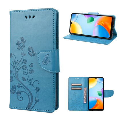 Light blue flip leather phone case with butterfly flower design and viewing stand