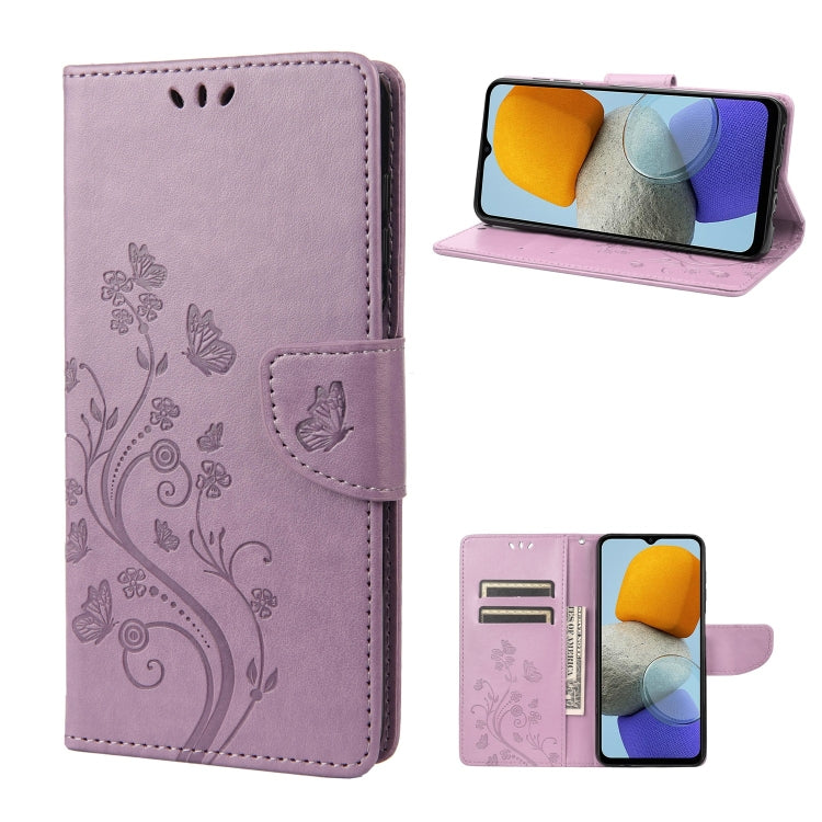 Light purple folio phone case with butterfly flower pattern and side button cutout