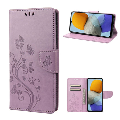 Light purple folio phone case with butterfly flower pattern and side button cutout
