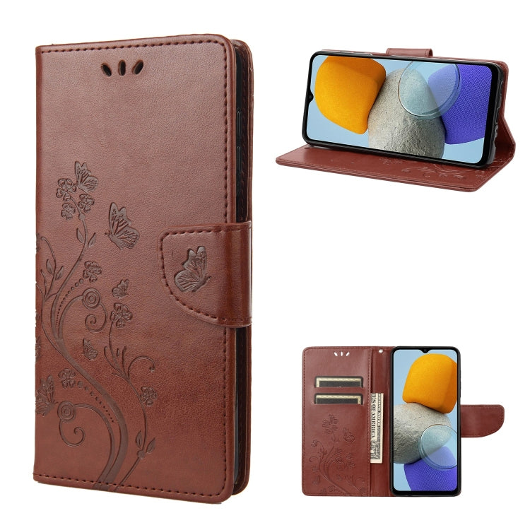 Flip leather phone case with butterfly-and-flower embossed pattern, brown, stand and pocket