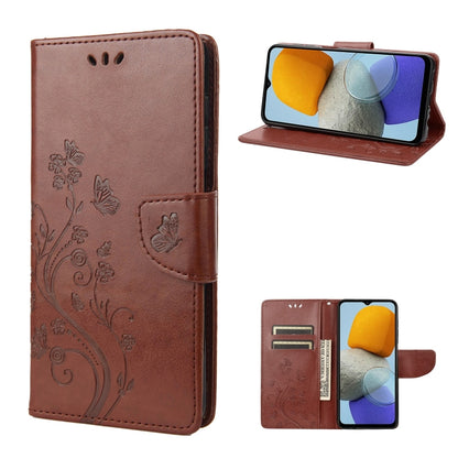 Flip leather phone case with butterfly-and-flower embossed pattern, brown, stand and pocket